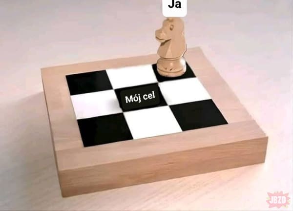 Ilustracja skoczka szachowego z napisem, że nigdy nie może poruszyć się inaczej niż w kształcie litery L. Mem podkreśla unikalny sposób poruszania się tej figury, bo nigdy nie stanie na środkowym polu tej mikroszachownicy