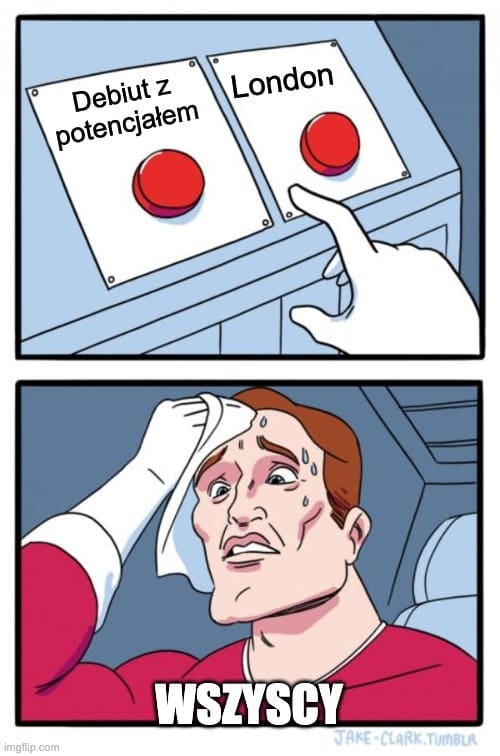 Na obrazku dwuczęściowy podział: z lewej postać odrzuca naukę debiutów, z prawej akceptuje zagranie 1. d4 ... 2. Gf4 (system Londyn). Mem pokazuje dylemat między studiowaniem teorii a spontaniczną grą popularnych struktur szachowych.