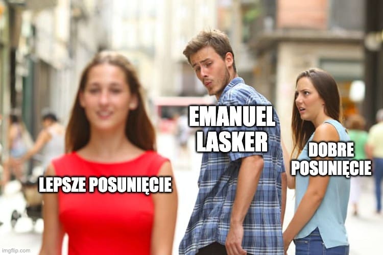Mem o dziewczynie w czerwonej sukience i przypomnienie słynnej maksymy Laskera, zachęcającej do krytycznej analizy zamiast pochopnych decyzji.